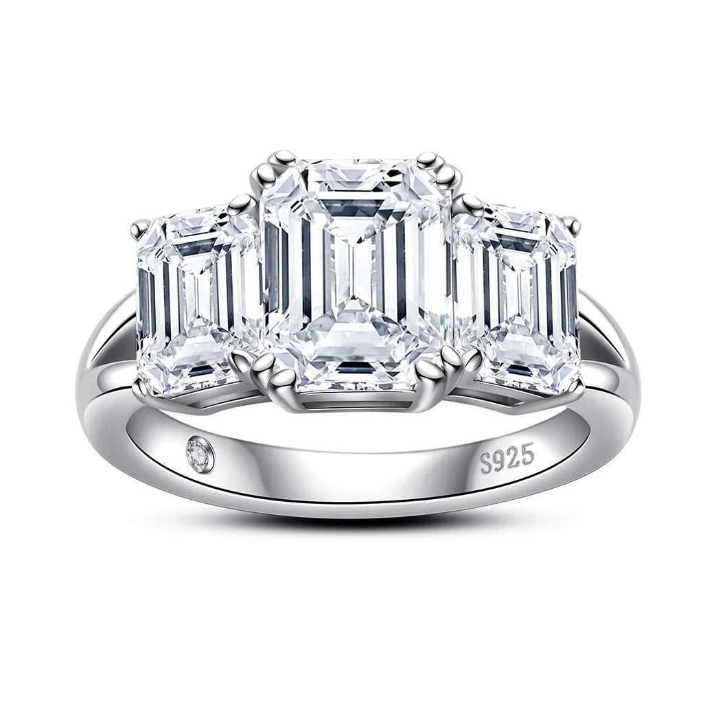 Emerald moissanite 5cttw D color VVS1 three-stone ring — Aurora Moissanite