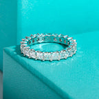 3mm princess moissanite wedding band, side profile, 18K white gold plated — Aurora Moissanite