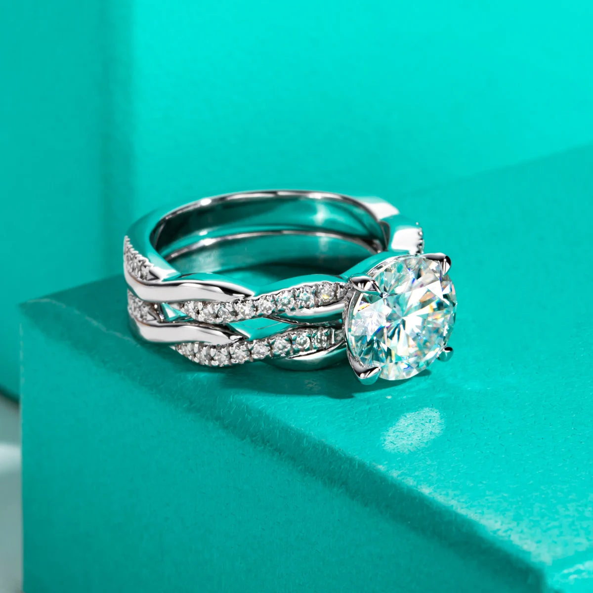 The Ines Ring — 3ct round moissanite infinity bridal set, front view — Aurora Moissanite