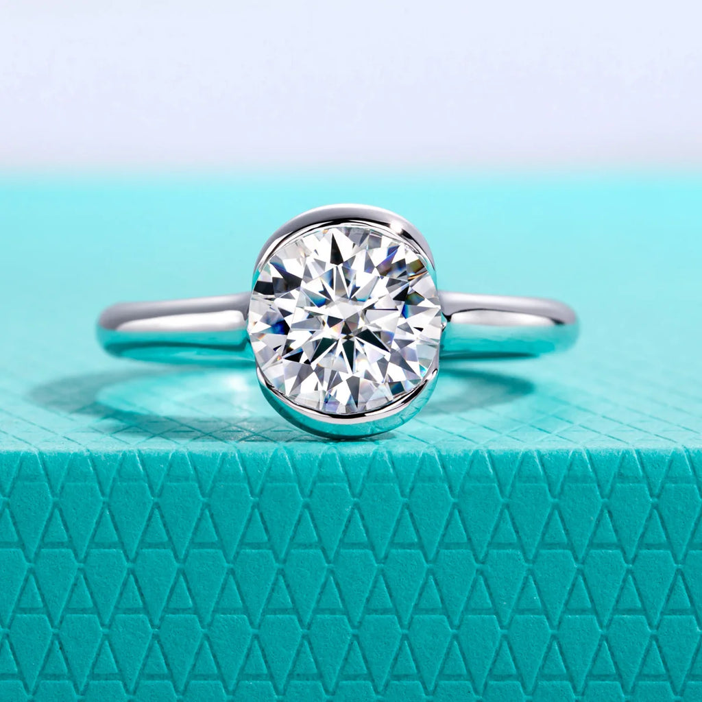 The Seren Ring worn — 2ct round moissanite half-bezel solitaire, S925 — Aurora Moissanite