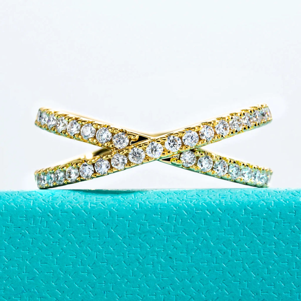 The Thorn Band worn — 1.5mm moissanite X crossover ring, 18K yellow gold plated — Aurora Moissanite
