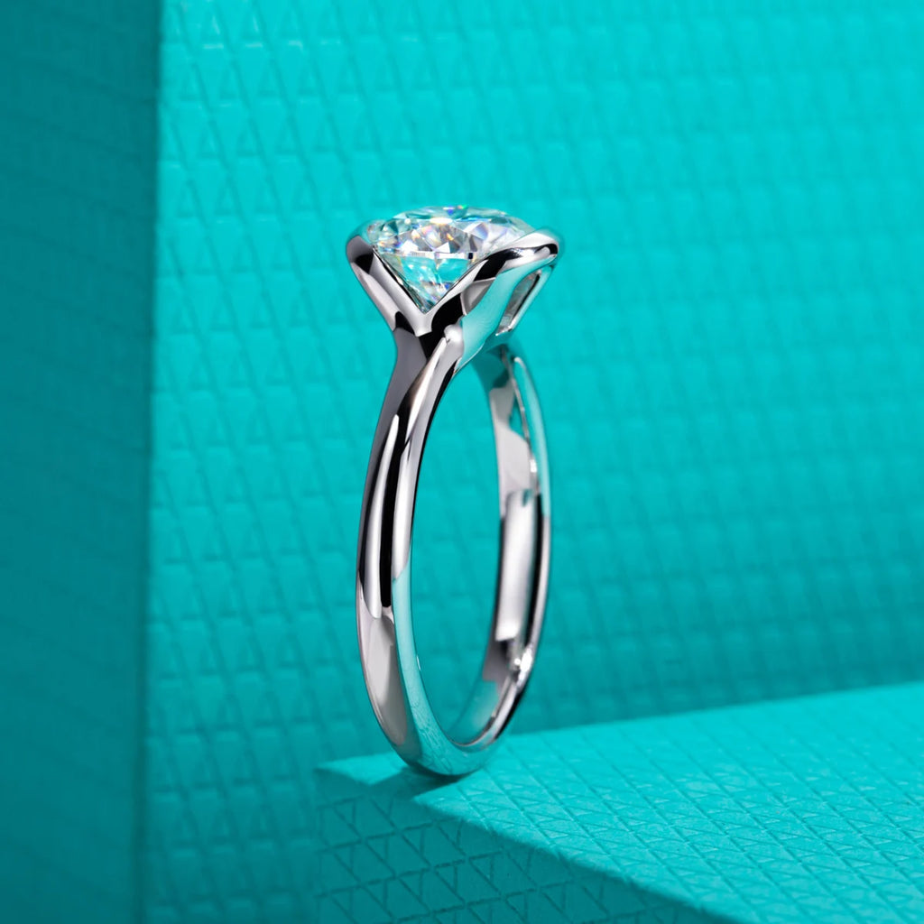 2ct round moissanite half-bezel ring, side profile, S925 — Aurora Moissanite