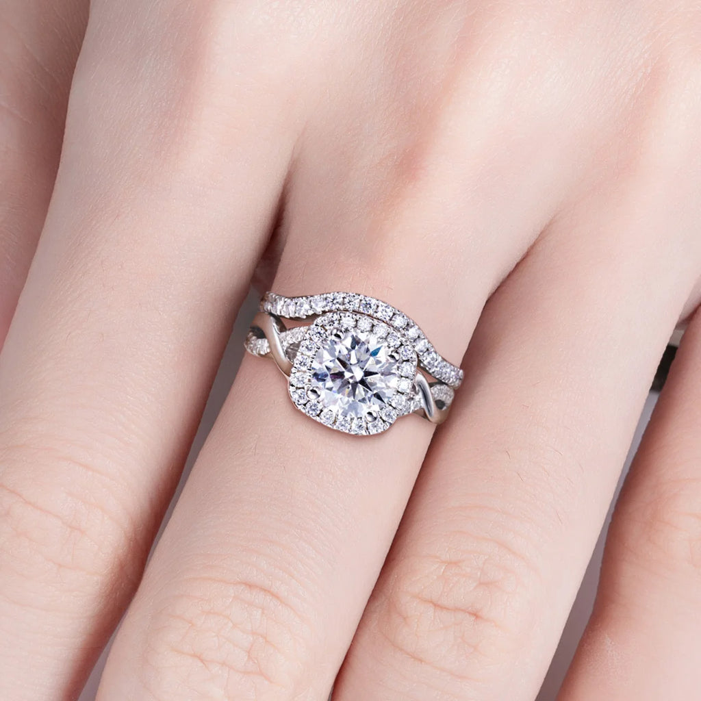Halo moissanite bridal set top view, 2ct center with halo and infinity band — Aurora Moissanite