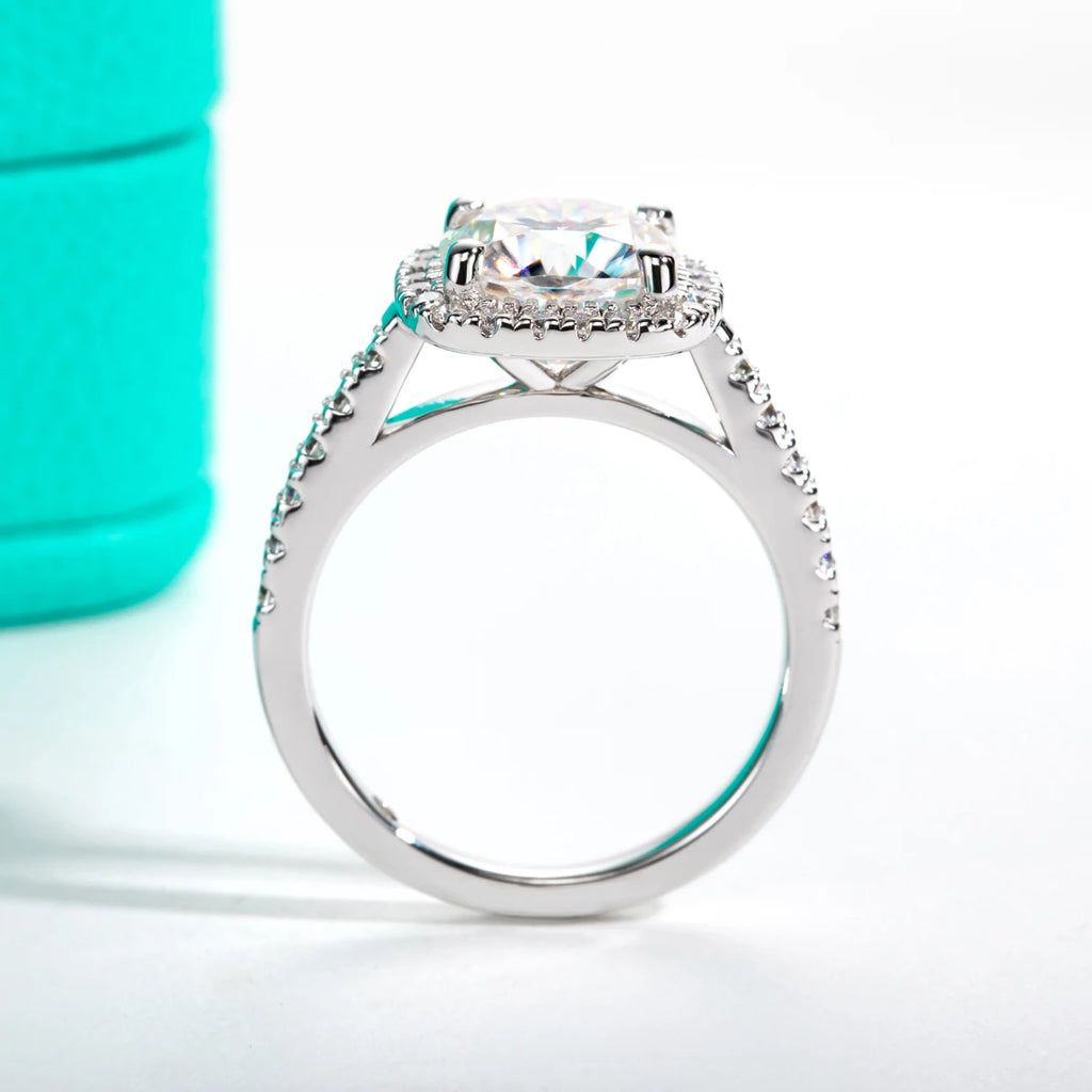 The Aela Ring — 3ct cushion moissanite halo, front view, 18K gold — Aurora Moissanite