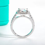 The Aela Ring — 3ct cushion moissanite halo, front view, 18K gold — Aurora Moissanite