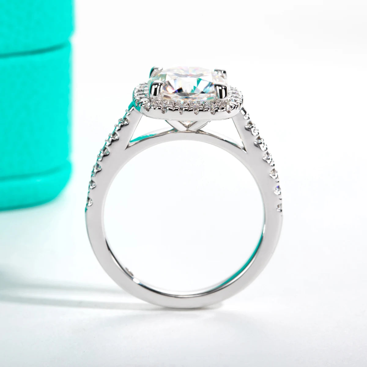 The Aela Ring — 3ct cushion moissanite halo, front view, 18K gold — Aurora Moissanite