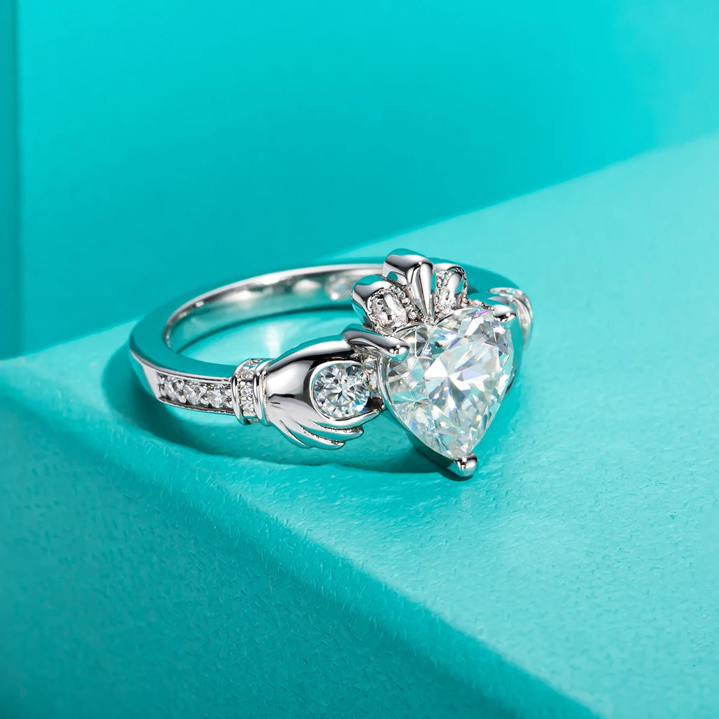 2ct gray moissanite Claddagh ring, side profile, S925 silver — Aurora Moissanite
