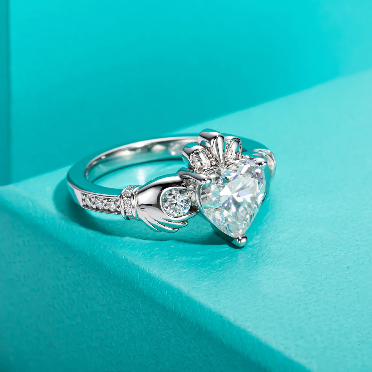 2ct gray moissanite Claddagh ring, side profile, S925 silver — Aurora Moissanite