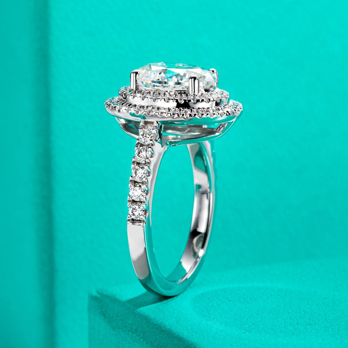 The Iris Ring — 3ct oval moissanite double halo, front view, 18K gold — Aurora Moissanite