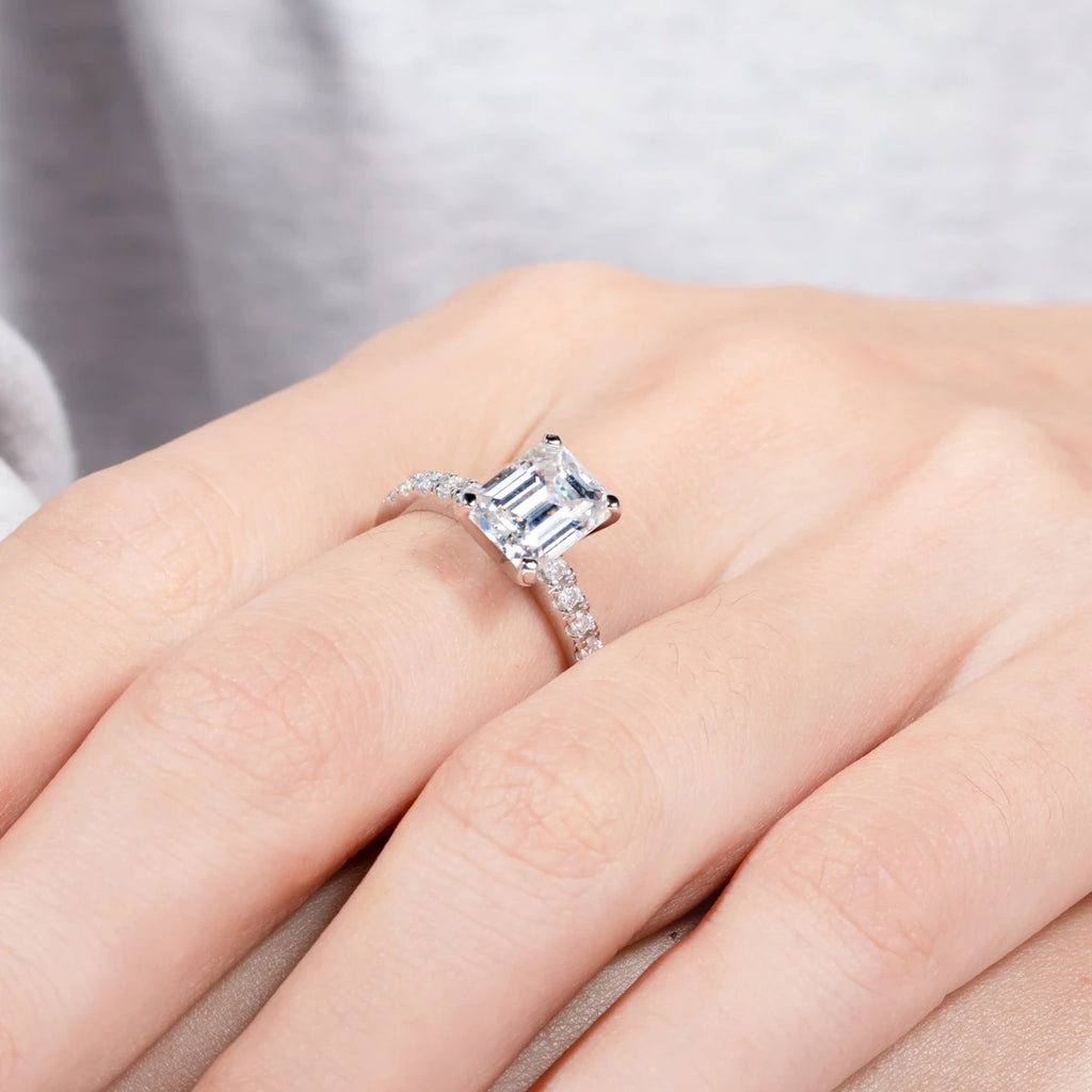Emerald moissanite top view, 3ct D color step-cut — Aurora Moissanite