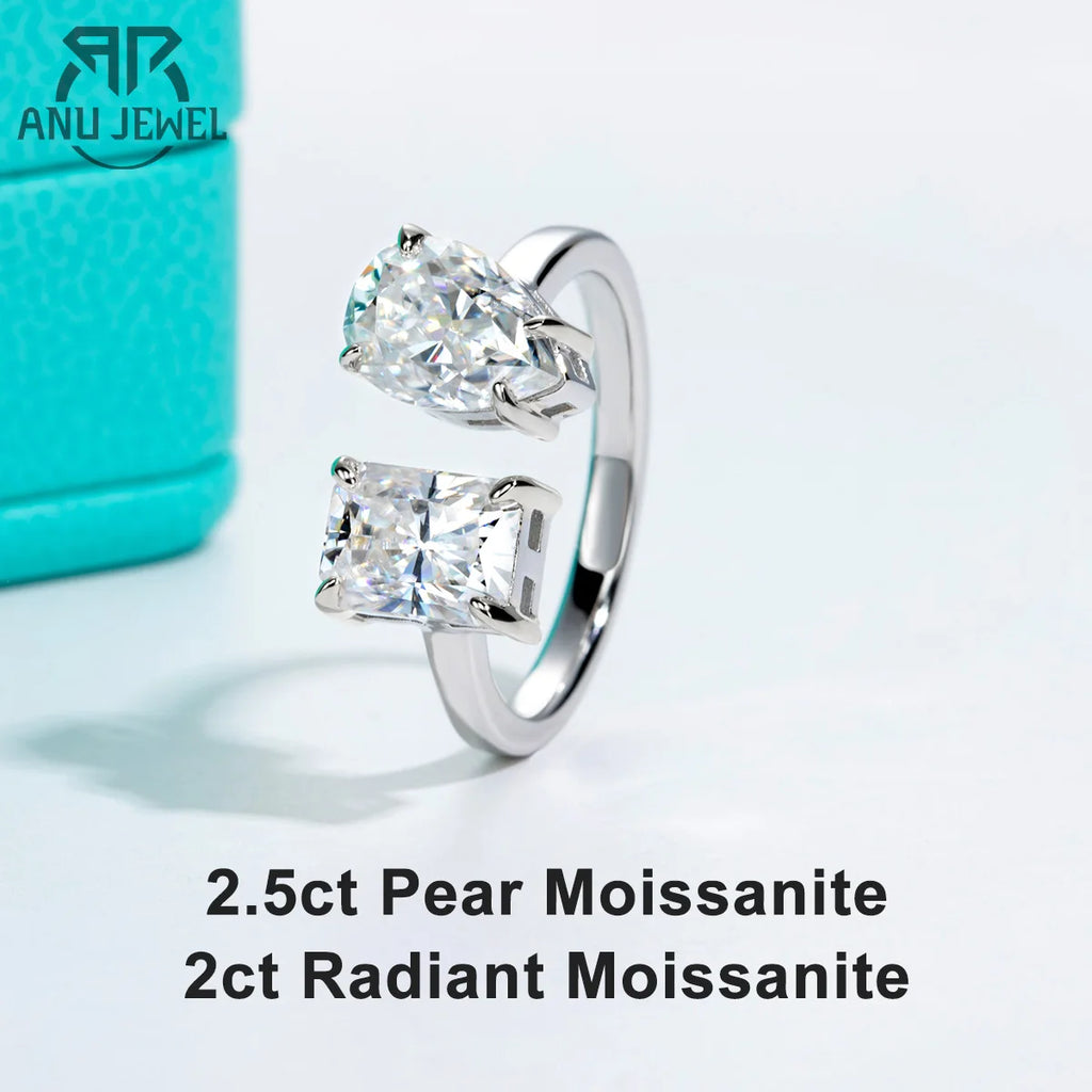 4.5ct radiant and pear toi et moi moissanite adjustable ring, S925 — Aurora Moissanite