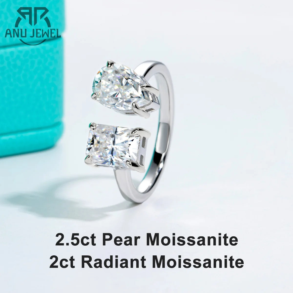 4.5ct radiant and pear toi et moi moissanite adjustable ring, S925 — Aurora Moissanite