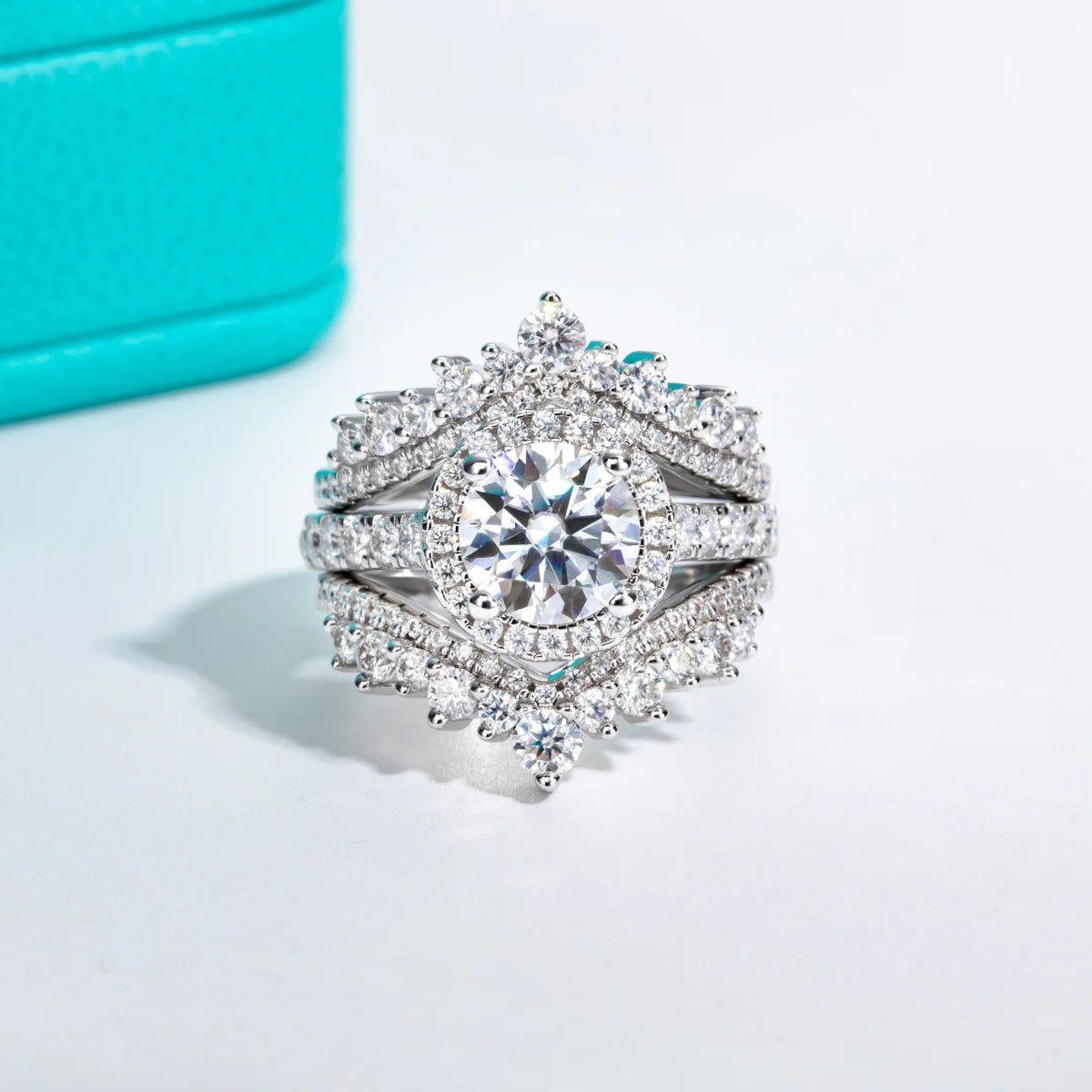 The Dwyn Ring lifestyle — 2ct round moissanite halo worn on finger — Aurora Moissanite