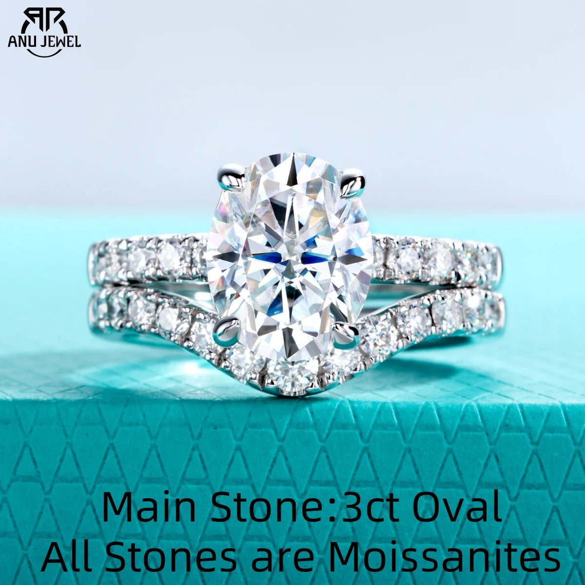 3ct oval moissanite bridal set 3.64cttw total, S925 — Aurora Moissanite