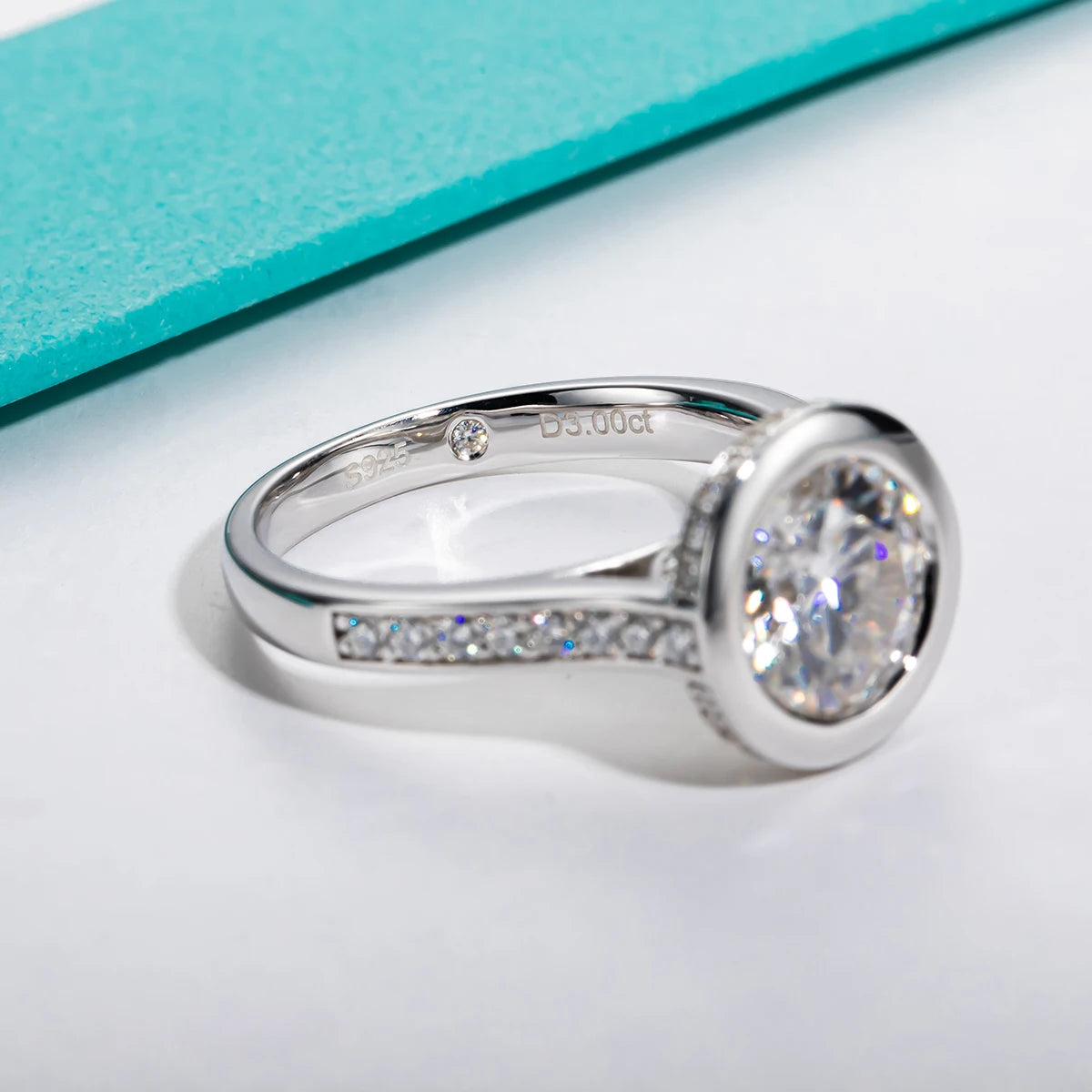 3ct moissanite bezel ring, side profile, black gun plated — Aurora Moissanite