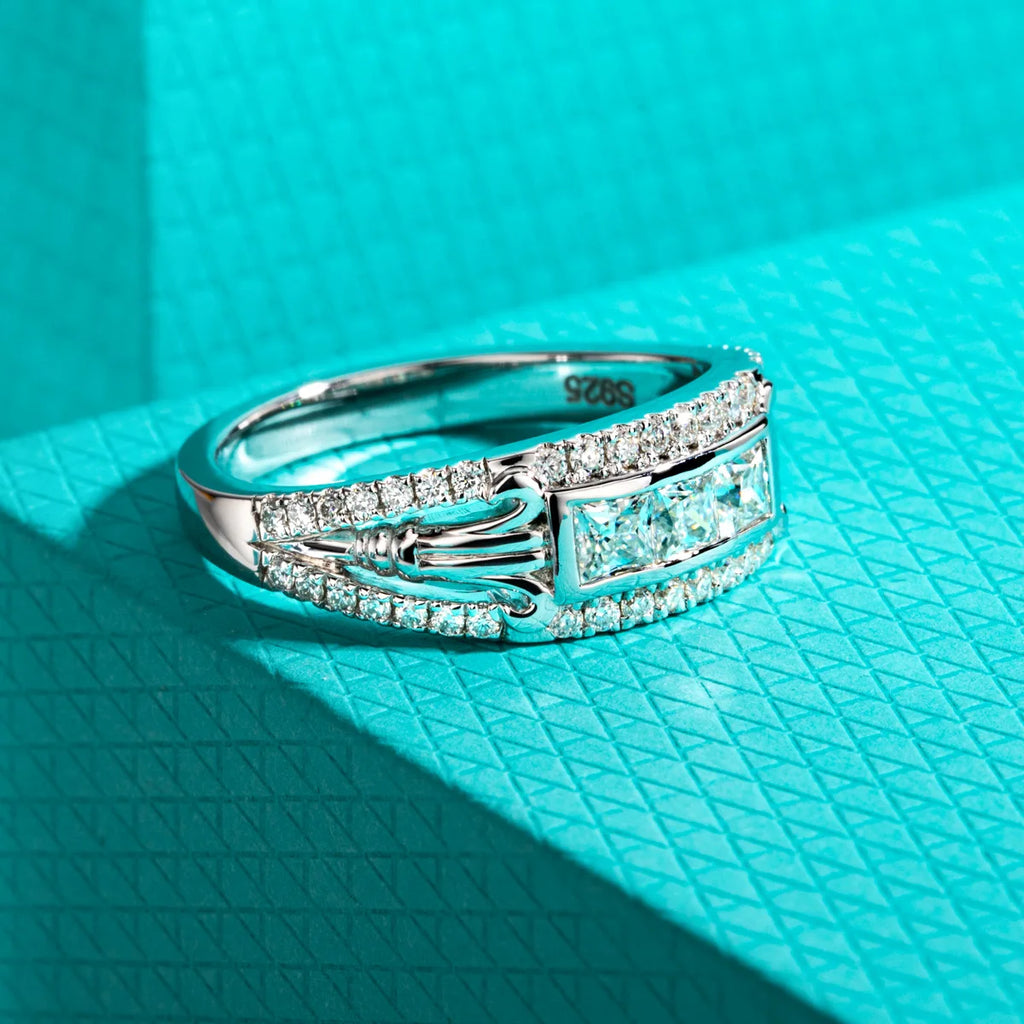 Princess moissanite Roman column ring D color VVS1, tension mount detail — Aurora Moissanite