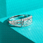 Princess moissanite Roman column ring D color VVS1, tension mount detail — Aurora Moissanite