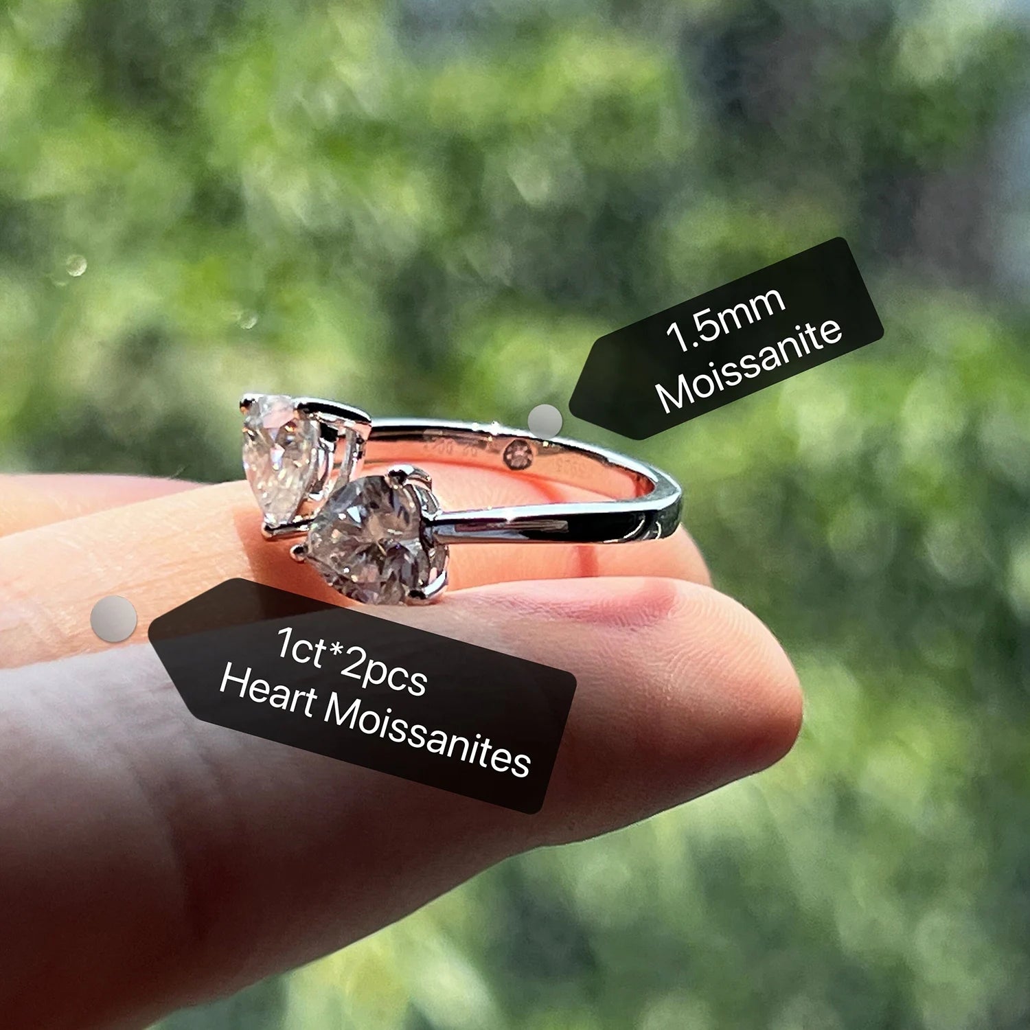 Heart moissanite two-stone 2cttw D color VVS1, adjustable open band — Aurora Moissanite
