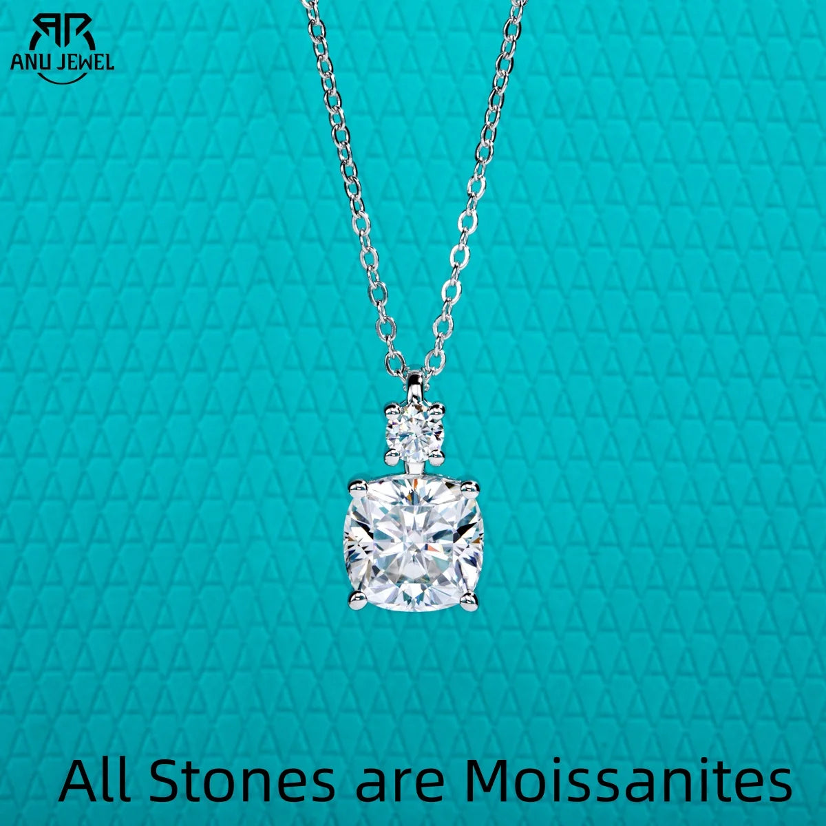 2ct cushion moissanite pendant necklace, S925 sterling silver, white background — Aurora Moissanite