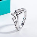 Moissanite V-shape band D color VVS1, chevron profile detail, sterling silver — Aurora Moissanite