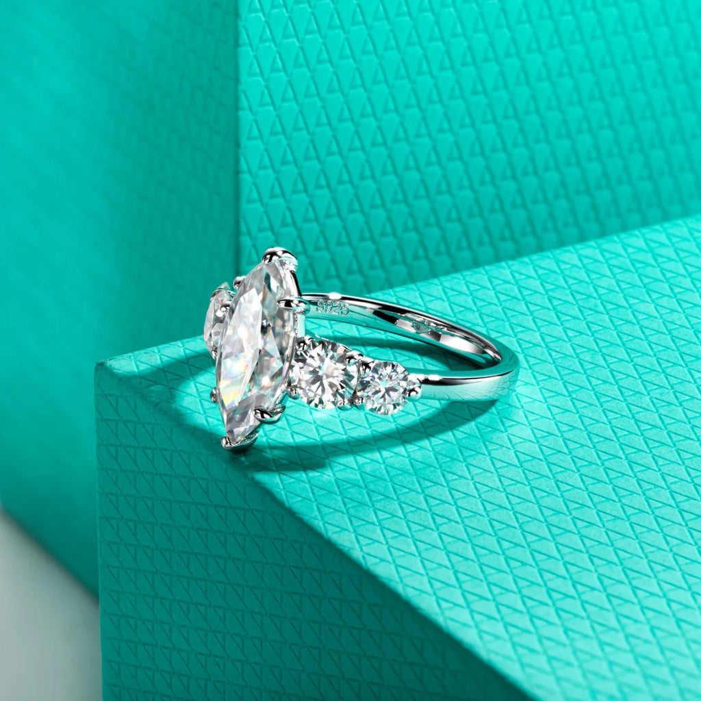 The Sora Ring — 3ct marquise moissanite solitaire, front view — Aurora Moissanite
