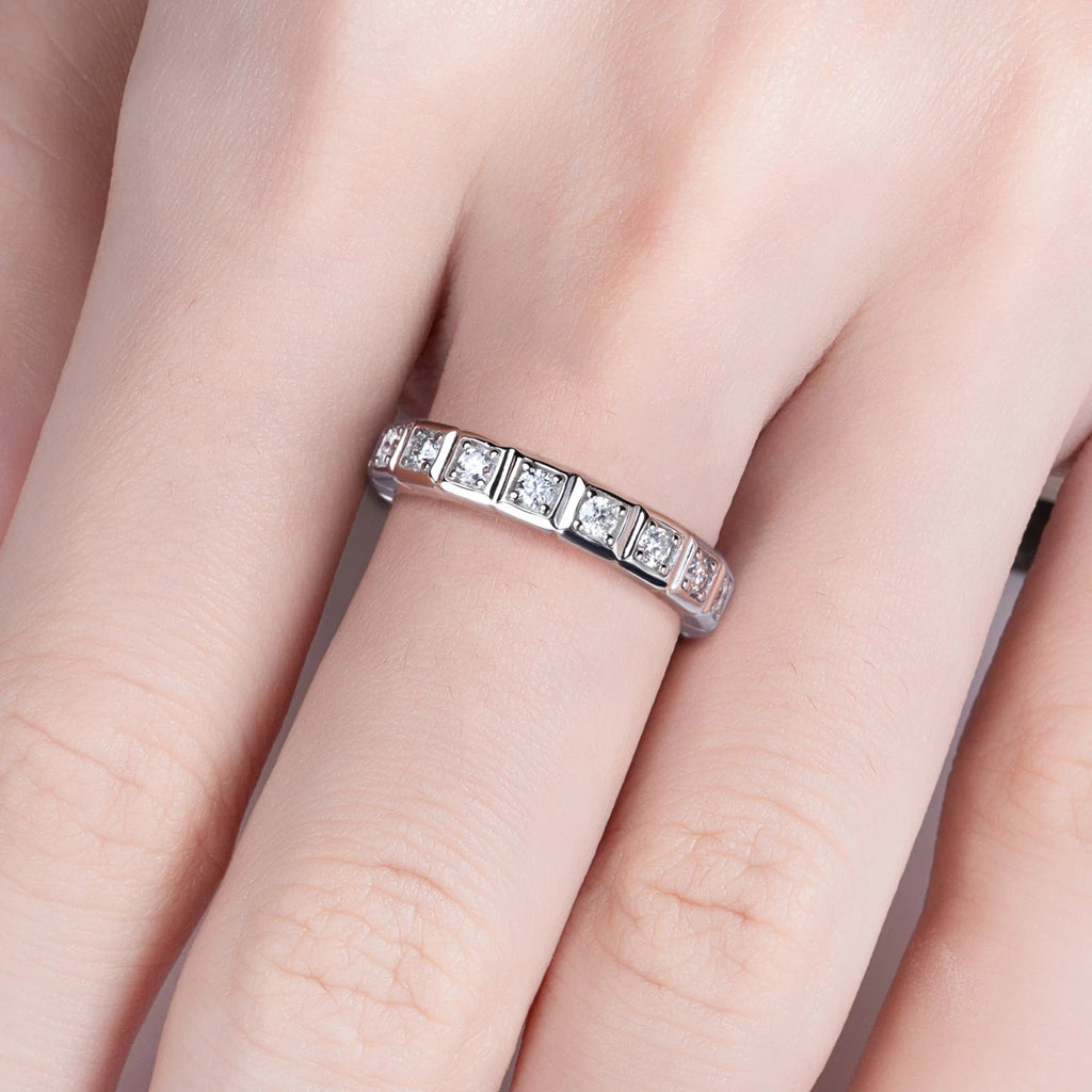 Princess cut moissanite eternity ring top view, 2.2mm, 18K white gold — Aurora Moissanite