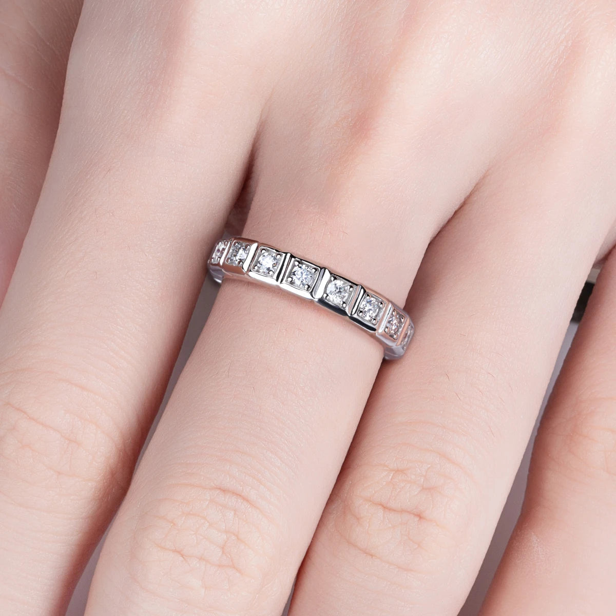 Princess cut moissanite eternity ring top view, 2.2mm, 18K white gold — Aurora Moissanite