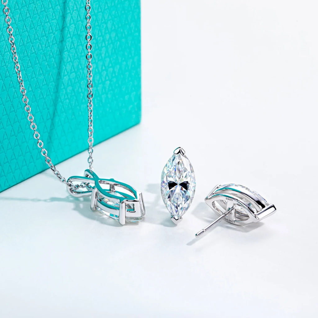 AnuJewel 2-5ct Marquise Moissanite Necklace 0.5-3ct Earrings 925 Sterling Silver 18k Gold Plated Wedding Jewelry Set for Woman