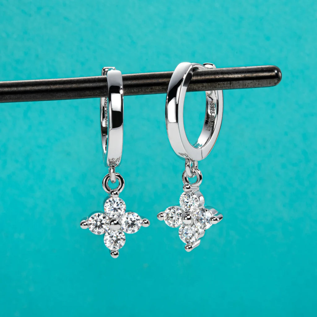 The Mira Earrings — 3mm moissanite huggie hoops, front view — Aurora Moissanite