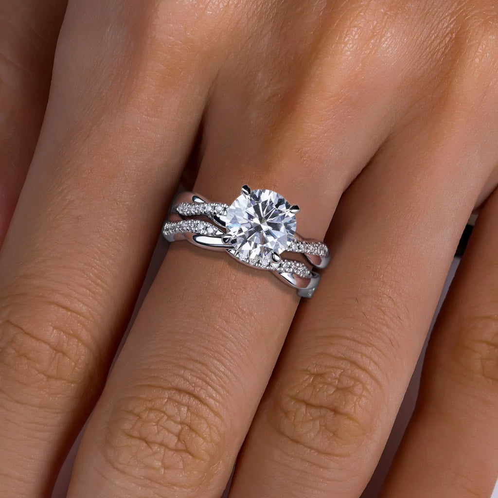 The Ines Ring lifestyle — round moissanite infinity bridal set worn on finger — Aurora Moissanite
