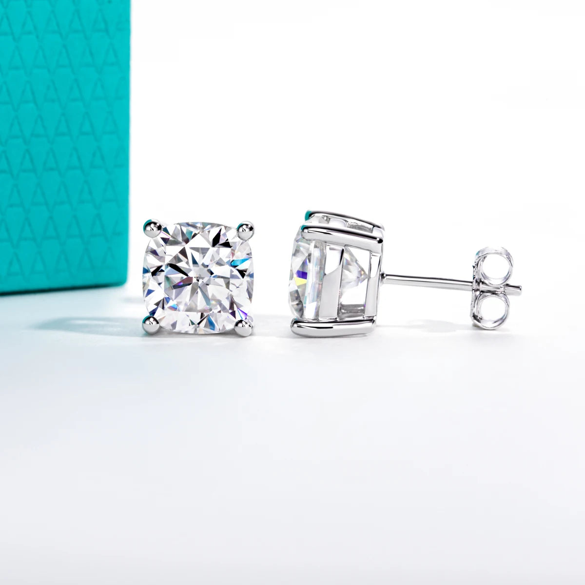 The Cove Earrings — cushion moissanite studs multi-carat, front view — Aurora Moissanite