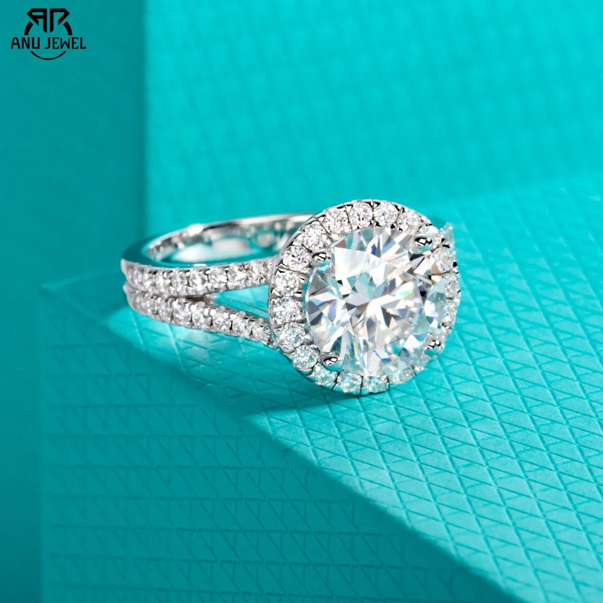 3ct round moissanite Y-shape halo engagement ring, S925 sterling silver — Aurora Moissanite
