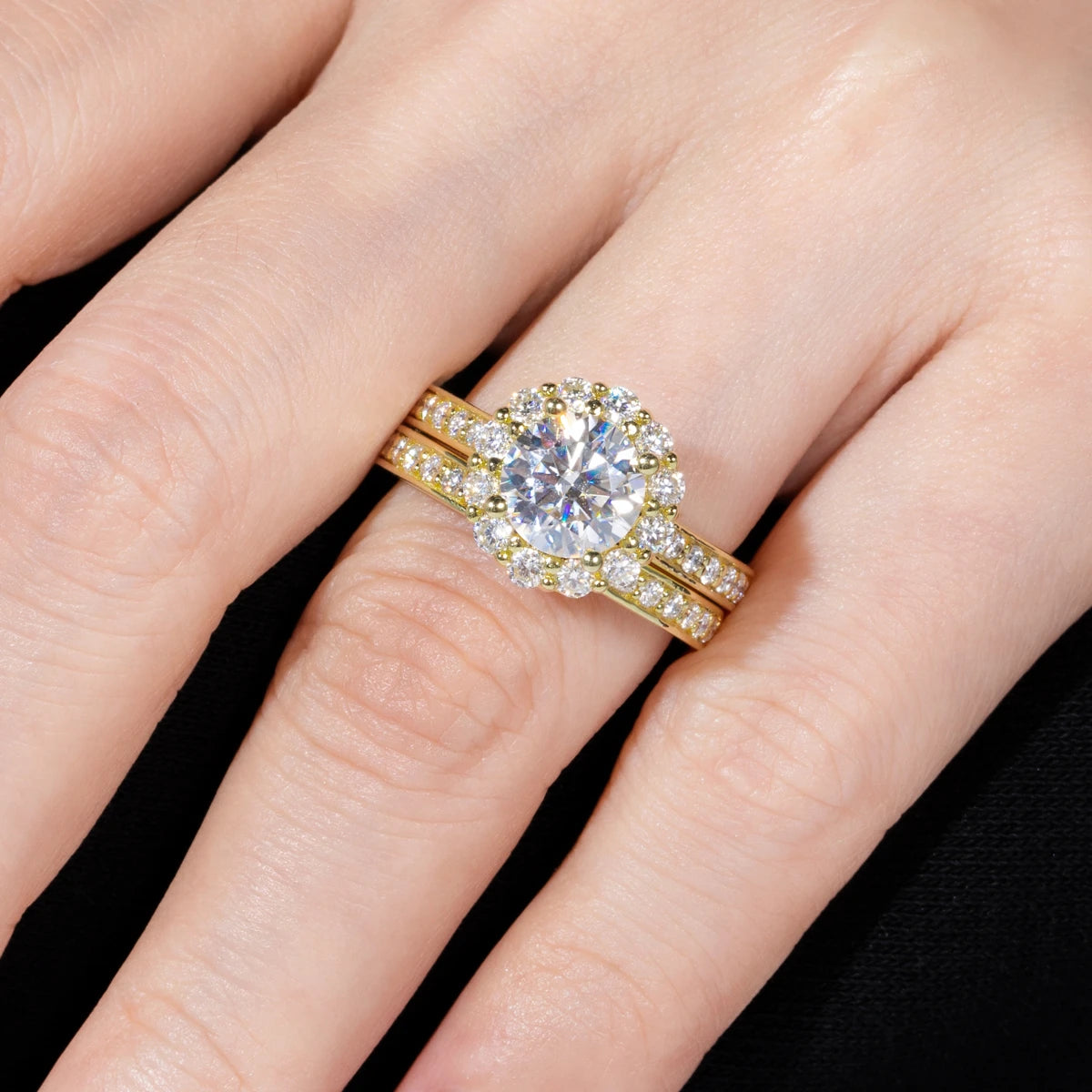 The Clair Ring lifestyle — 2ct moissanite bridal set worn on finger — Aurora Moissanite