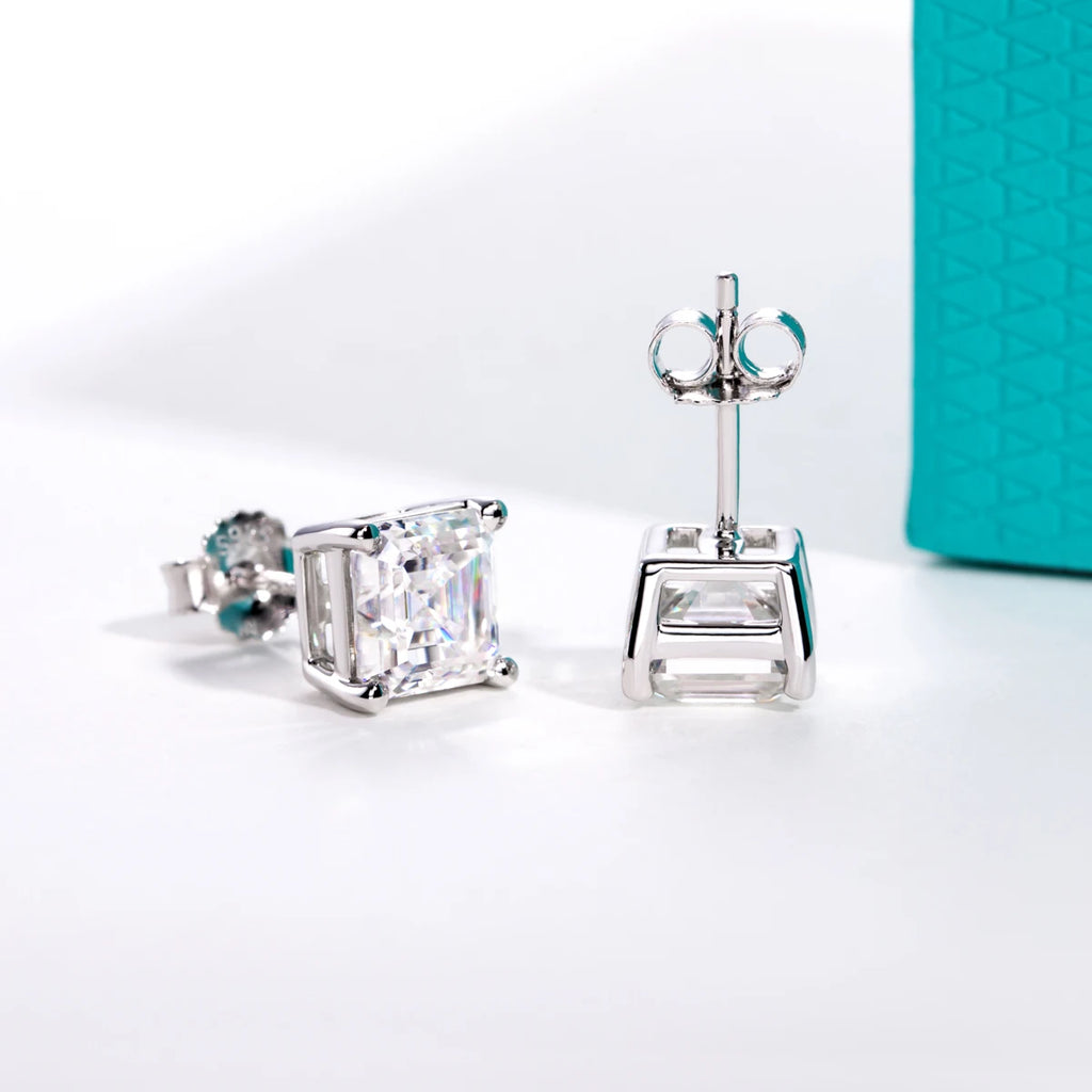 Asscher moissanite studs D color VVS1, octagonal step-cut — Aurora Moissanite