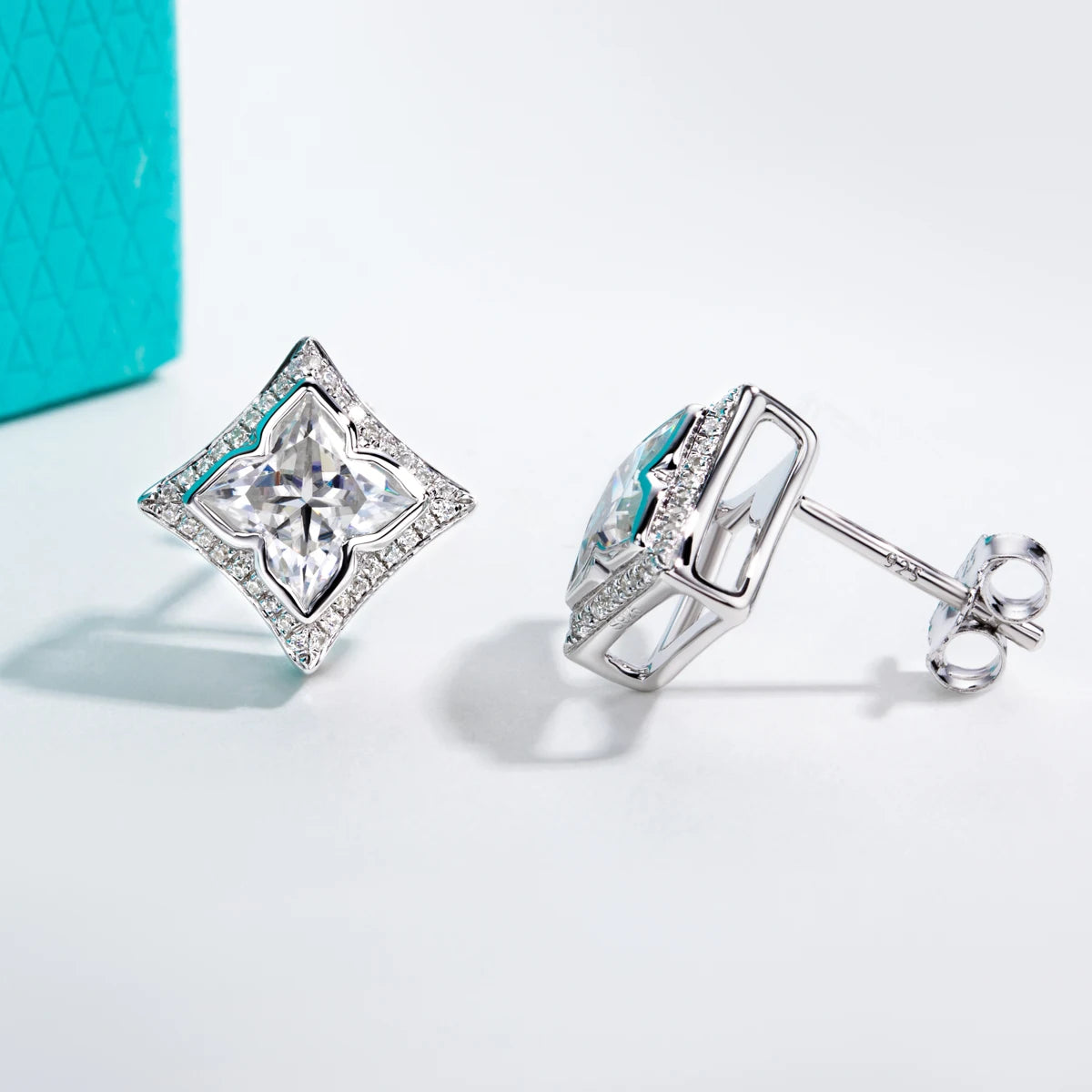 The Vera Earrings — 2.4cttw clover moissanite studs, front — Aurora Moissanite