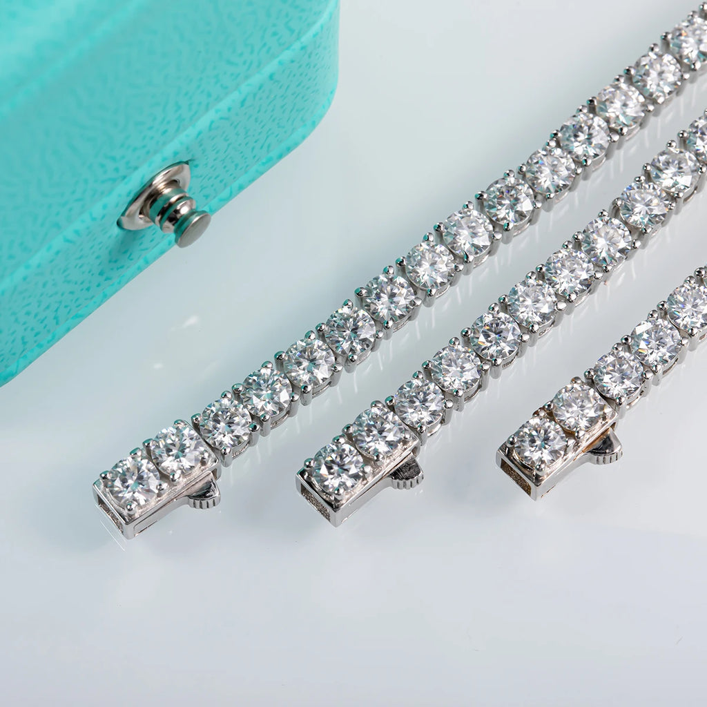 4mm moissanite tennis necklace close-up showing D color VVS1 round stones, gold plated — Aurora Moissanite