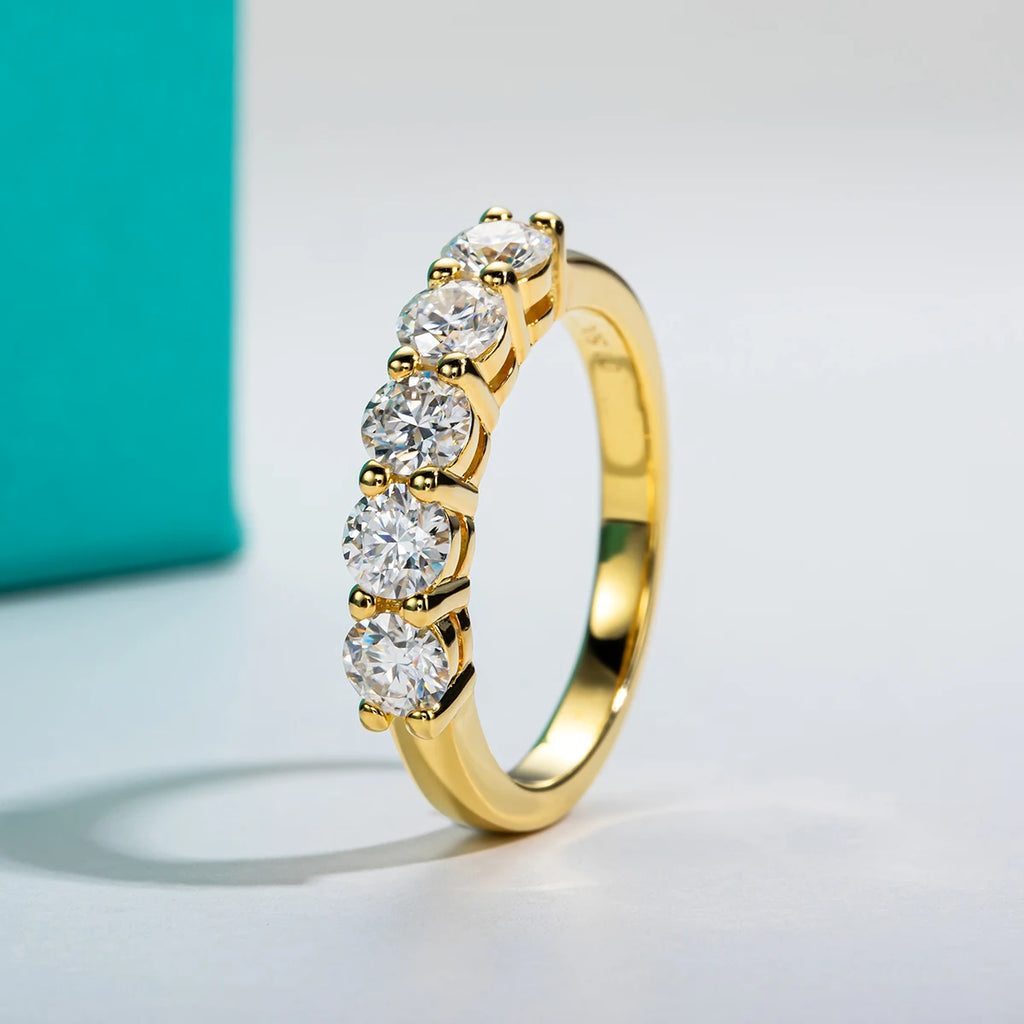 4mm moissanite 5-stone wedding band, side profile, white gold plated version — Aurora Moissanite