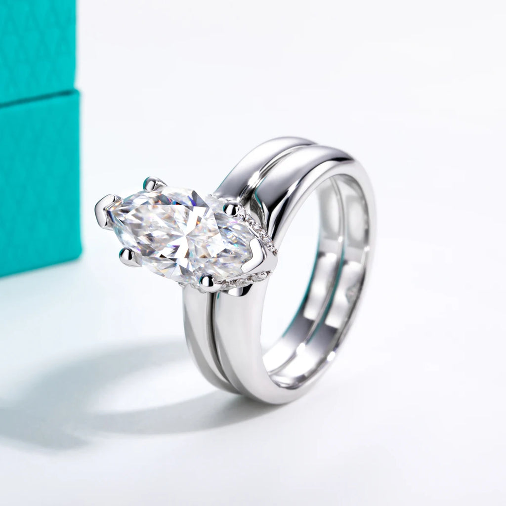 Marquise moissanite 3ct D color VVS1, gold bridal set — Aurora Moissanite