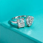Radiant and pear moissanite twins 4.5cttw D color VVS1, two-stone detail — Aurora Moissanite