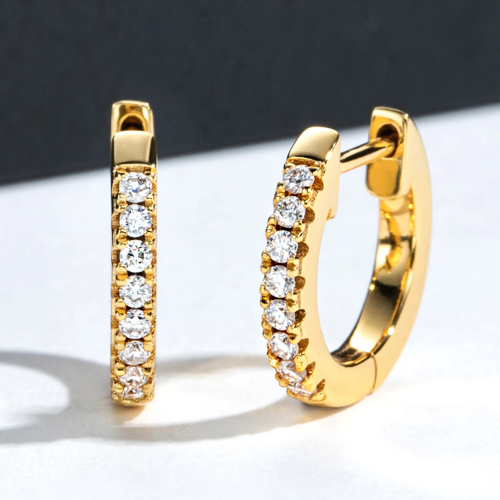 1.5mm huggie hoop earrings side view, yellow gold plated — Aurora Moissanite