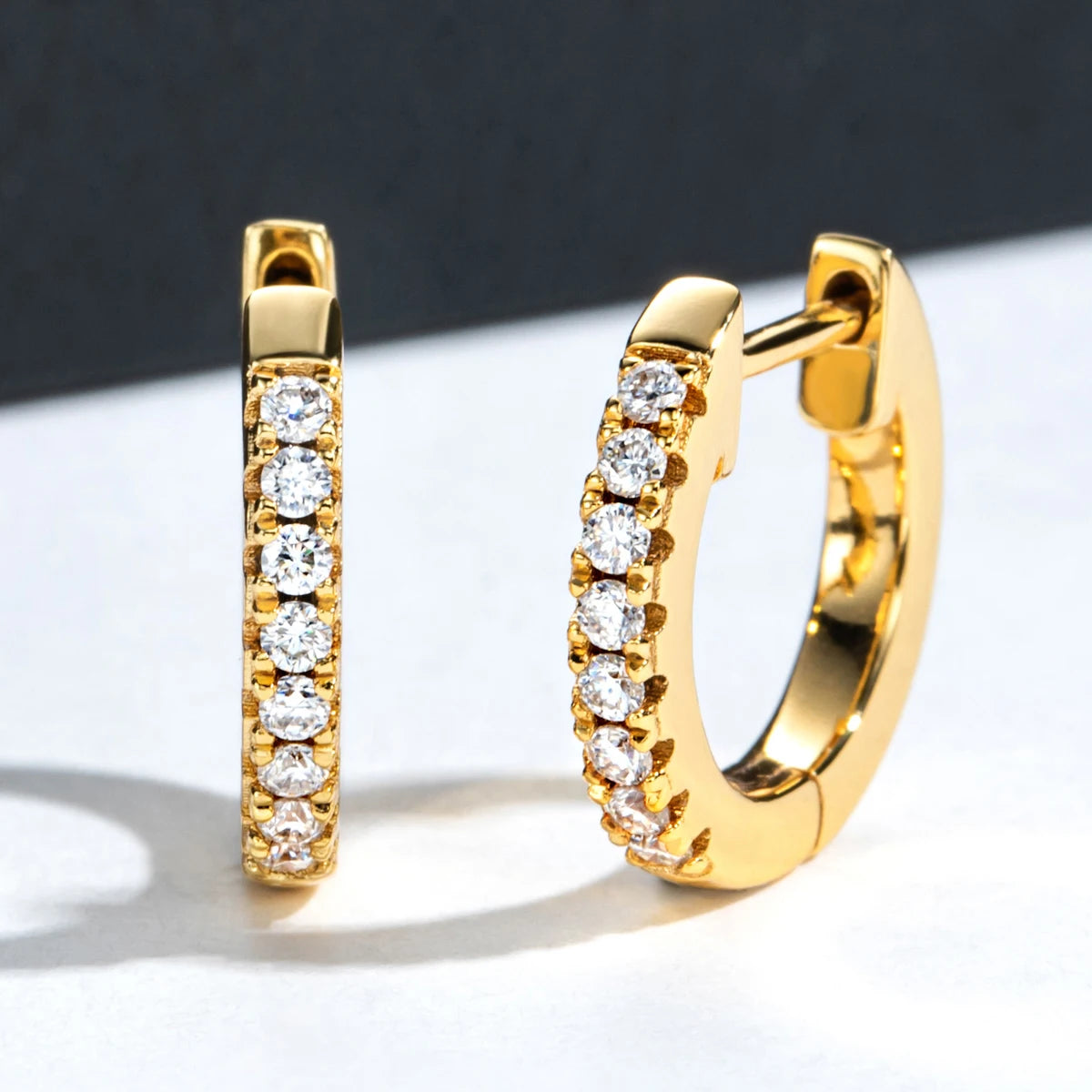 1.5mm huggie hoop earrings side view, yellow gold plated — Aurora Moissanite