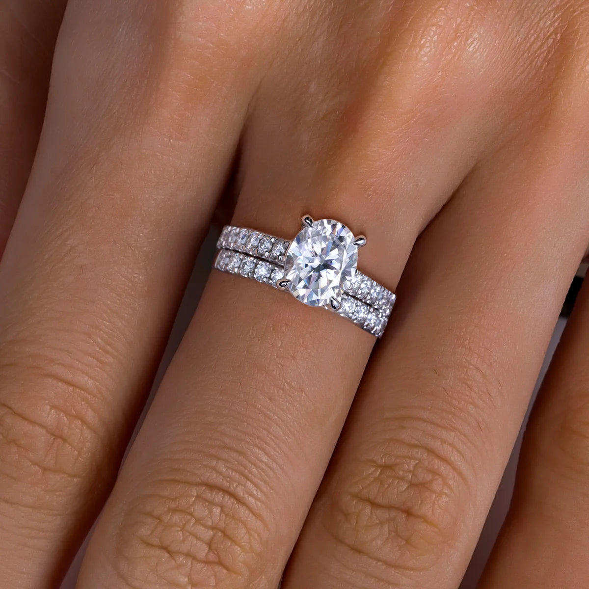Oval moissanite bridal set, engagement ring and band together — Aurora Moissanite