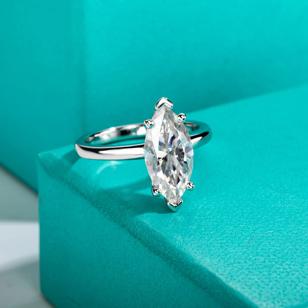 The Foss Ring — 3ct marquise moissanite, front view — Aurora Moissanite