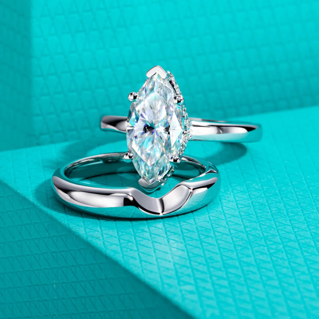 The Mave Ring worn — 3ct marquise moissanite bridal set, 18K gold — Aurora Moissanite