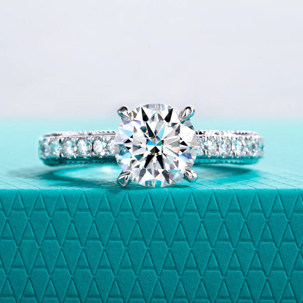The Rowe Ring — 2ct round moissanite vintage prong, front view, 18K gold — Aurora Moissanite