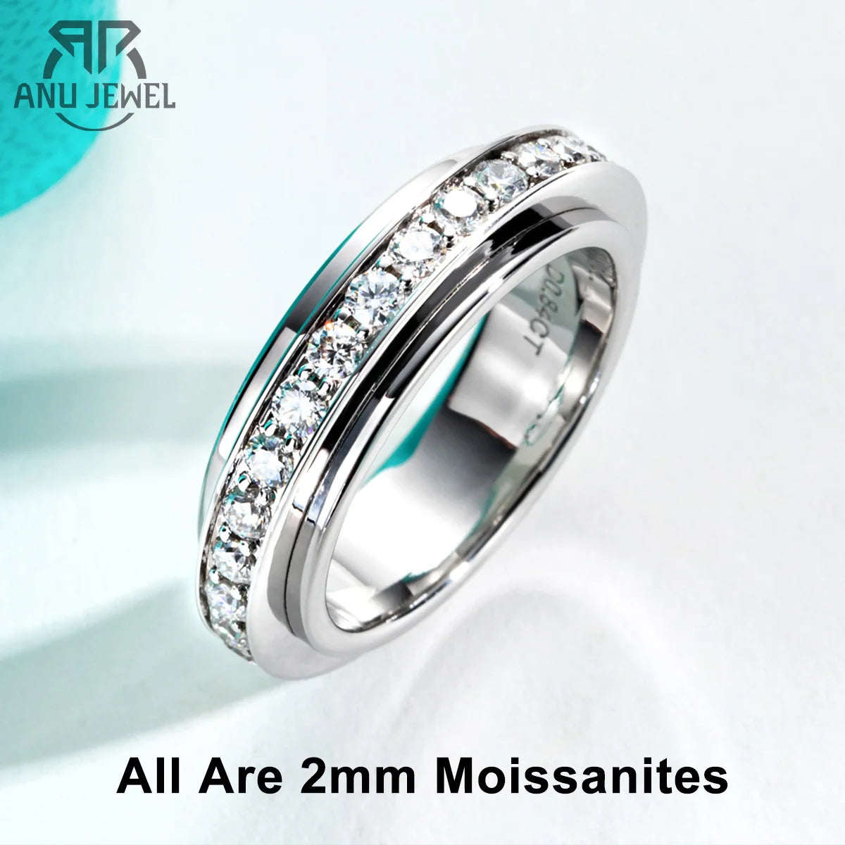 Moissanite spinner fidget ring, 14K gold plated, white background — Aurora Moissanite