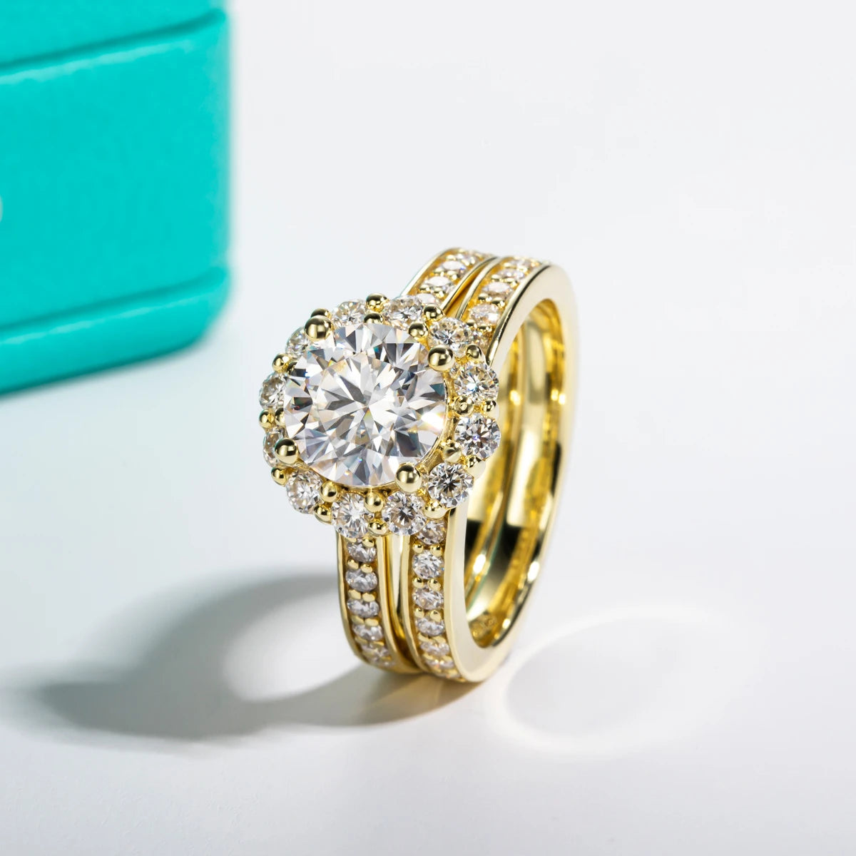 The Clair Ring worn — 2ct round moissanite bridal set, 14K yellow gold — Aurora Moissanite