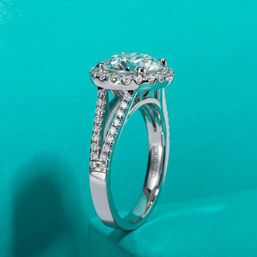 3ct round moissanite halo ring, side profile, 18K gold plated — Aurora Moissanite