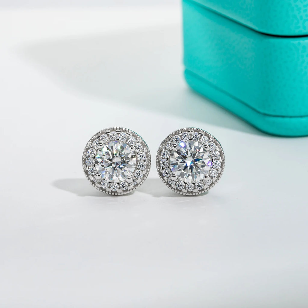 The Rune Earrings — 2.4cttw vintage moissanite studs, front — Aurora Moissanite