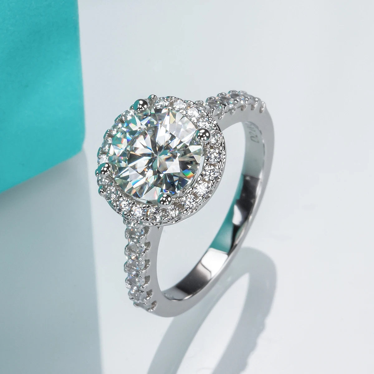 The Dwyn Ring — 2ct round moissanite halo, front view, 18K white gold — Aurora Moissanite